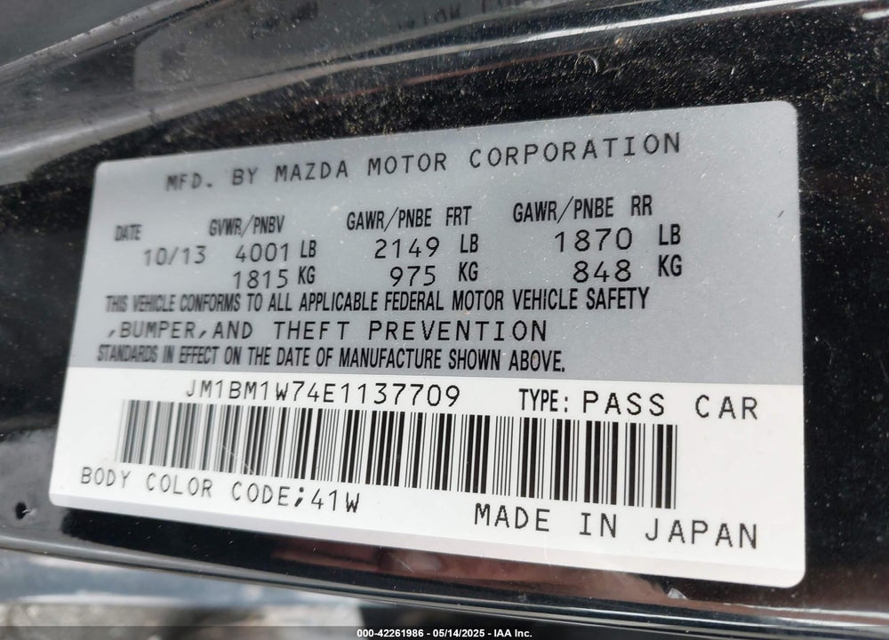 2014 MAZDA 3 VIN: JM1BM1W74E1137709