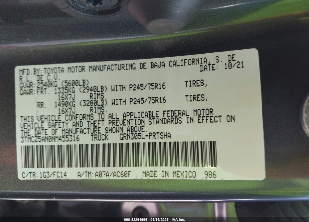 2022 TOYOTA TACOMA VIN: 3TMCZ5AN0NM455316