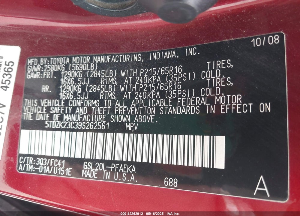 2009 TOYOTA SIENNA LE VIN: 5TDZK23C39S262561