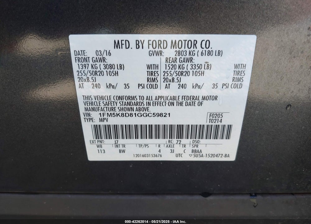 2016 FORD EXPLORER VIN: 1FM5K8D81GGC59821
