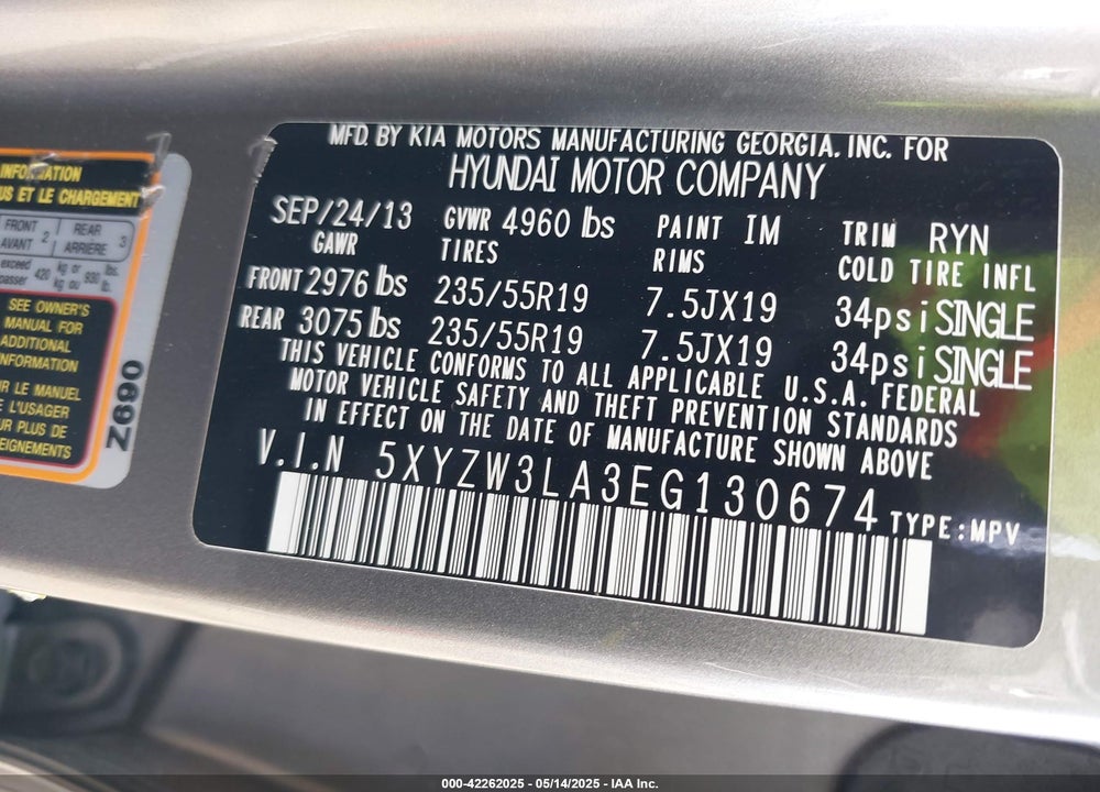 2014 HYUNDAI SANTA FE SPORT VIN: 5XYZW3LA3EG130674