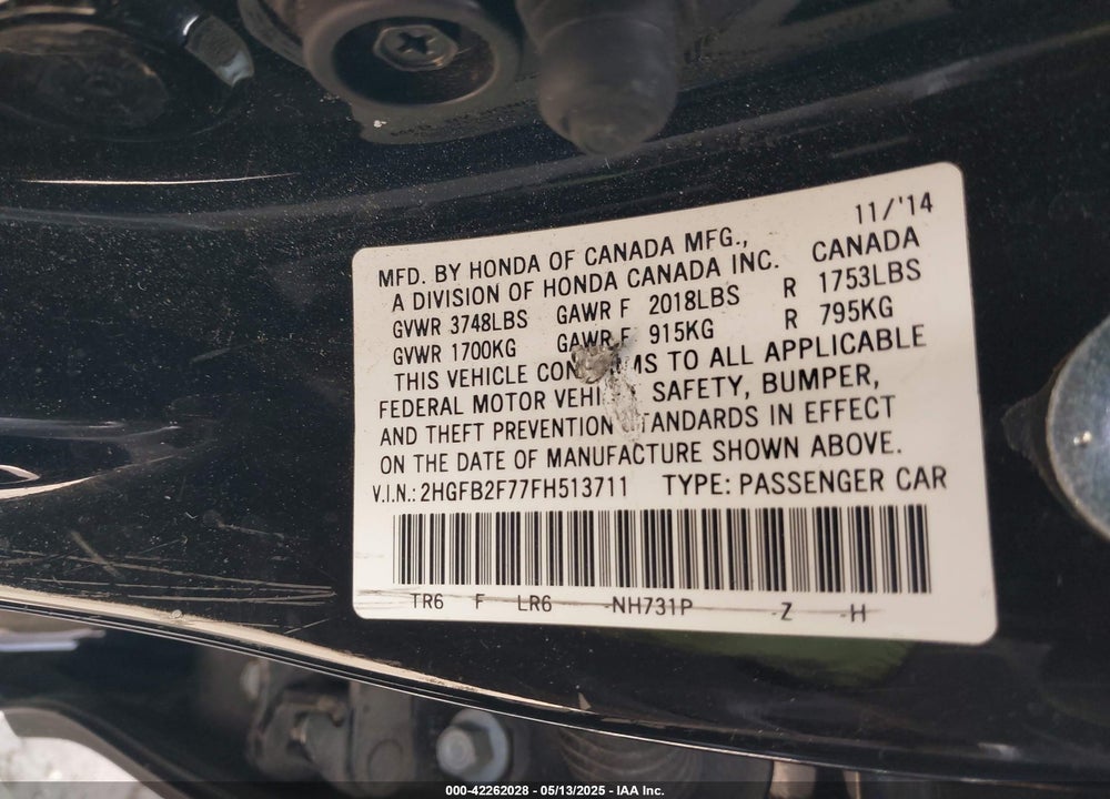 2015 HONDA CIVIC VIN: 2HGFB2F77FH513711