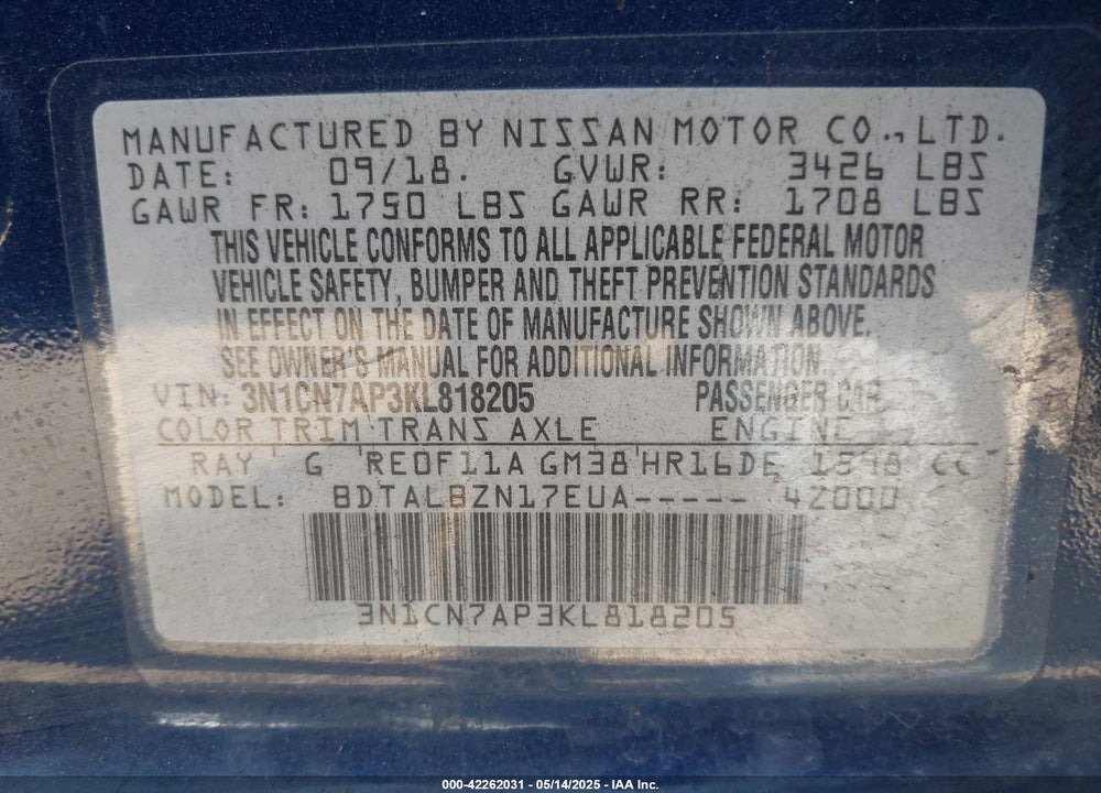 2019 NISSAN VERSA 1.6 SV VIN: 3N1CN7AP3KL818205