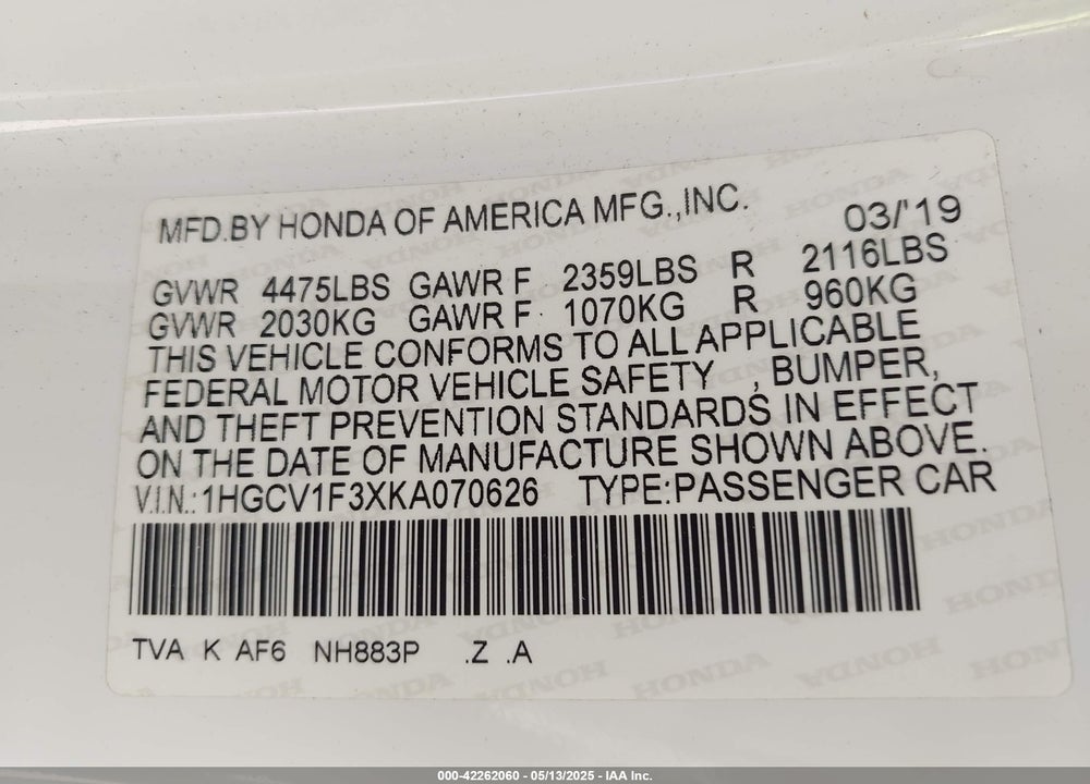 2019 HONDA ACCORD SPORT VIN: 1HGCV1F3XKA070626