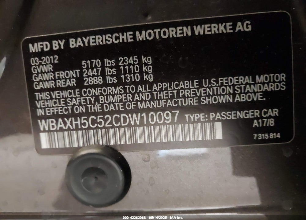 2012 BMW 5 SERIES VIN: WBAXH5C52CDW10097