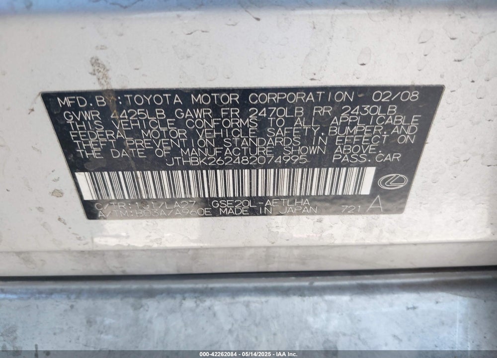2008 LEXUS IS250 VIN: JTHBK262482074995