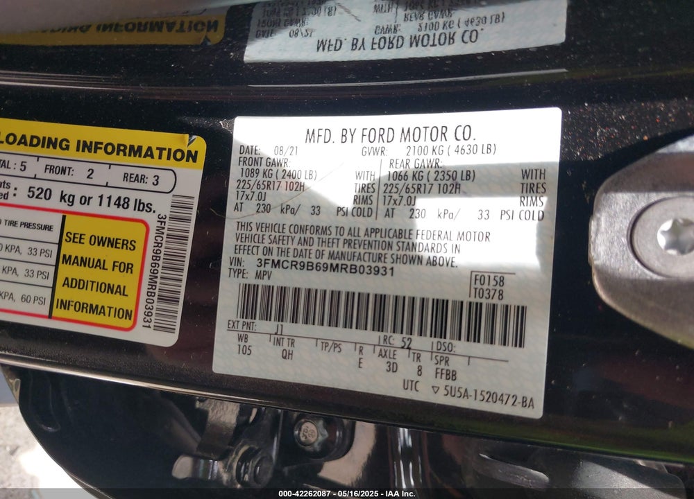 2021 FORD BRONCO SPORT BIG BEND VIN: 3FMCR9B69MRB03931