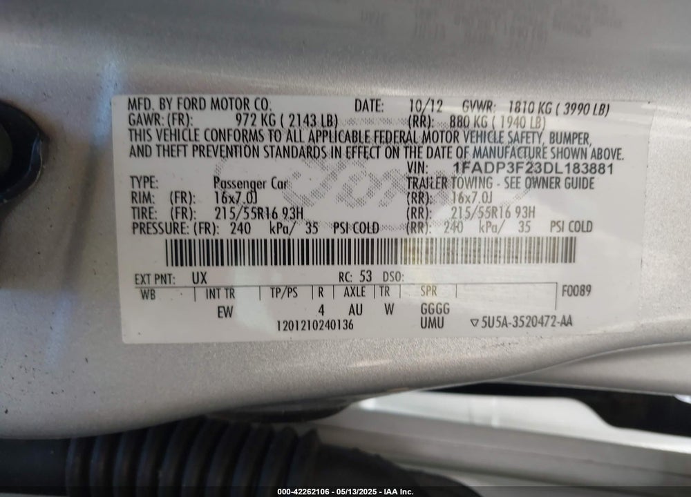 2013 FORD FOCUS VIN: 1FADP3F23DL183881