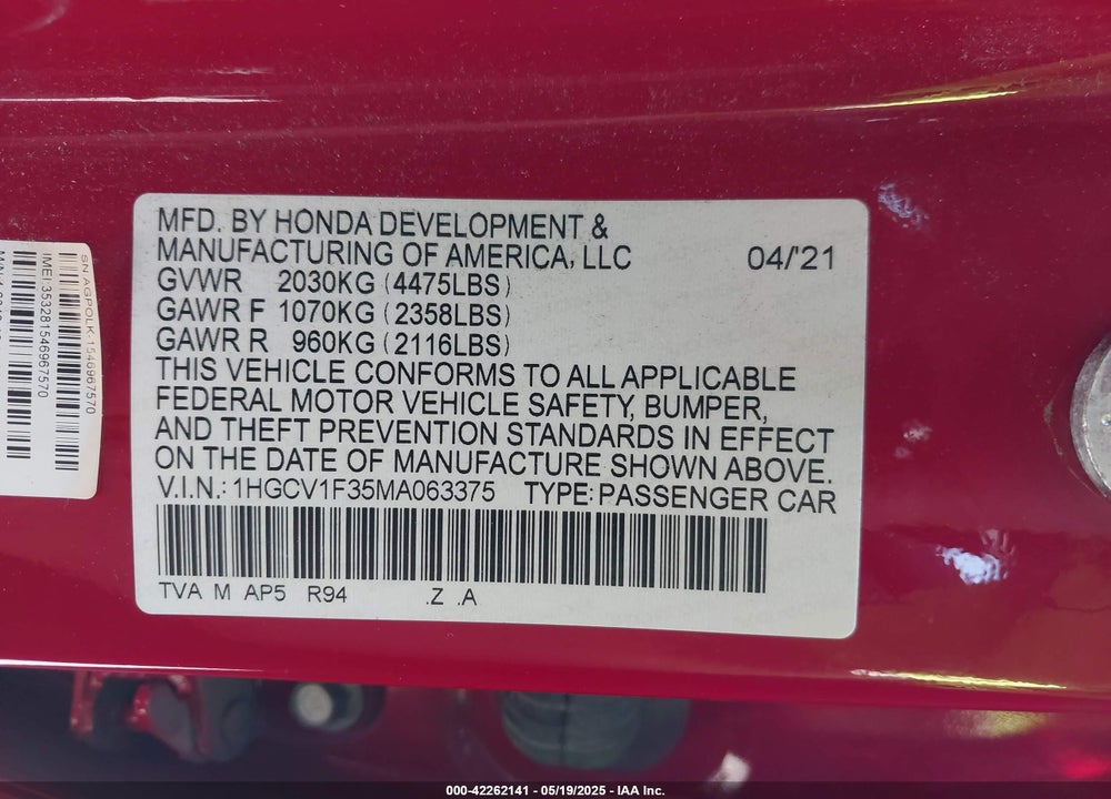 2021 HONDA ACCORD SPORT VIN: 1HGCV1F35MA063375