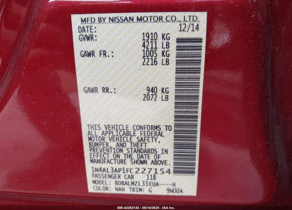 2015 NISSAN ALTIMA VIN: 1N4AL3AP1FC227154