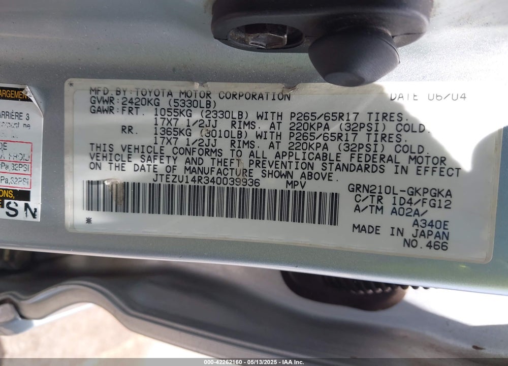 2004 TOYOTA 4RUNNER SR5 SPORT V6/SR5 V6 VIN: JTEZU14R340039936