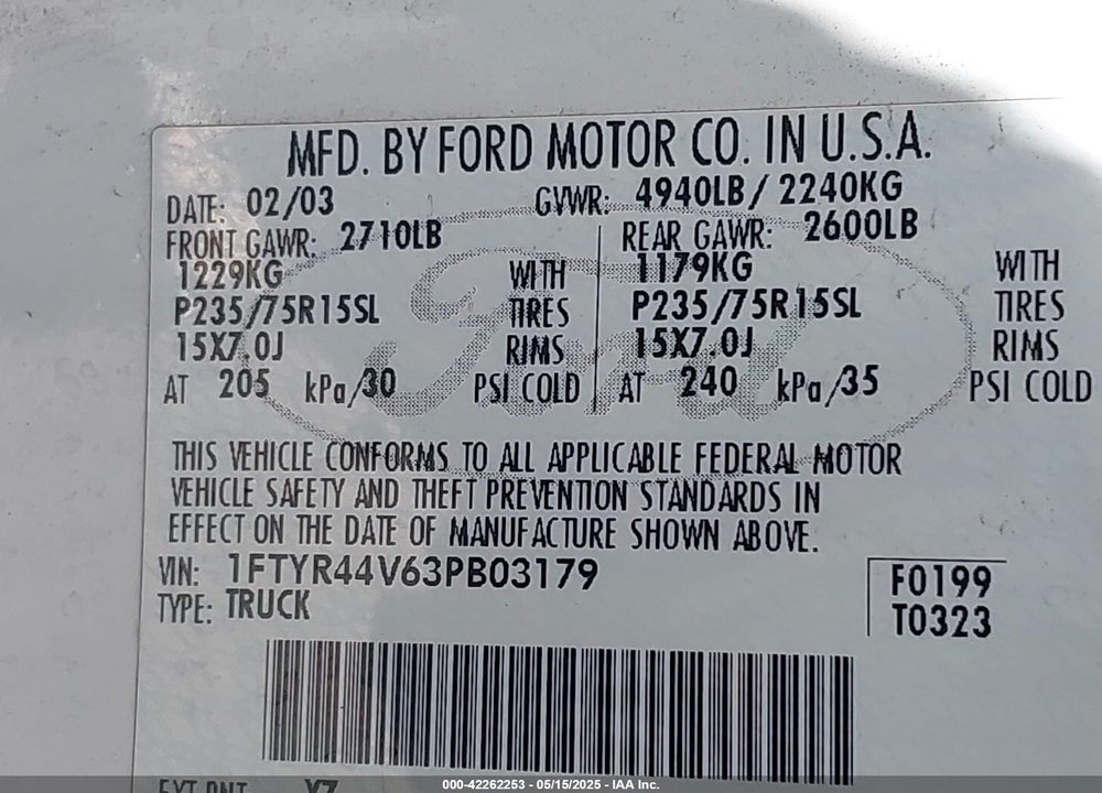 2003 FORD RANGER EDGE/TREMOR/XLT VIN: 1FTYR44V63PB03179