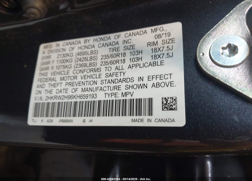 2019 HONDA CR-V VIN: 2HKRW2H96KH659193