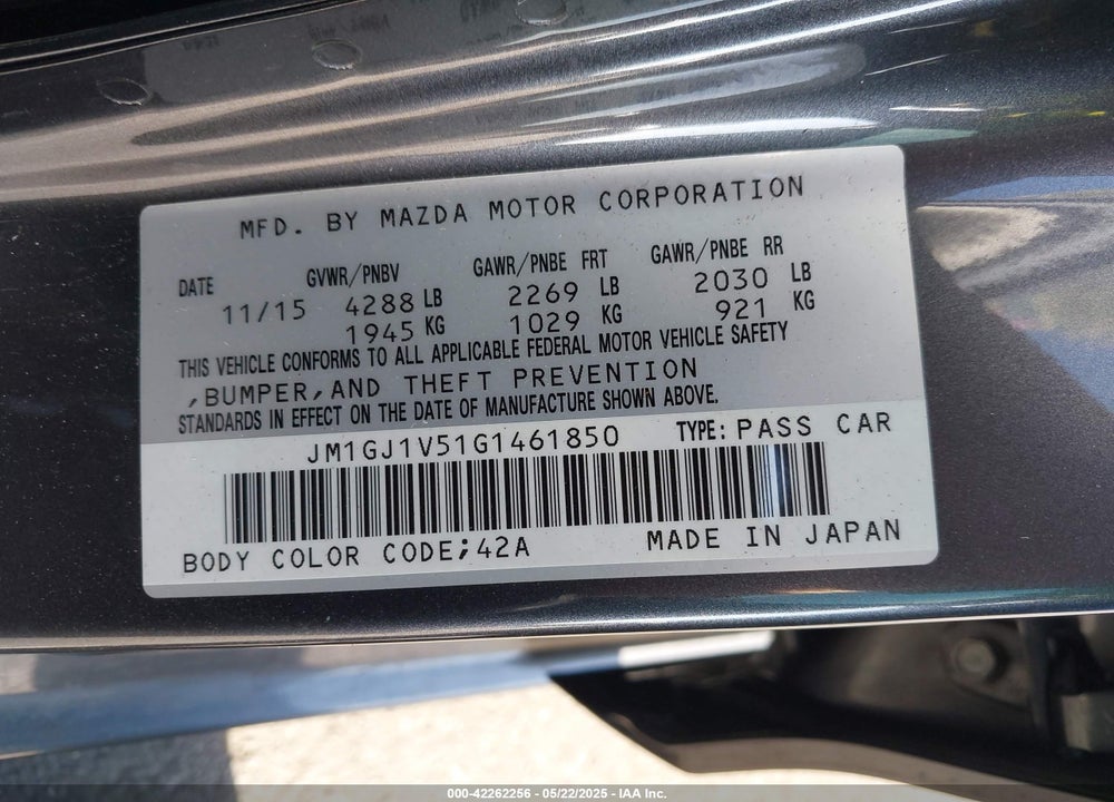 2016 MAZDA 6 I TOURING VIN: JM1GJ1V51G1461850