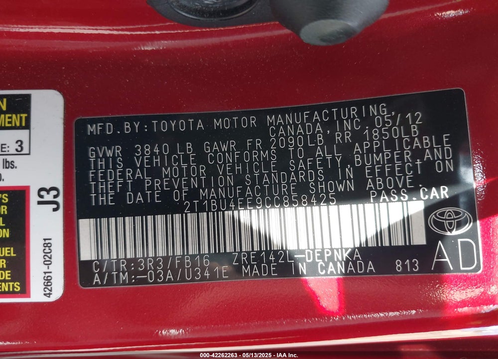 2012 TOYOTA COROLLA LE VIN: 2T1BU4EE9CC858425