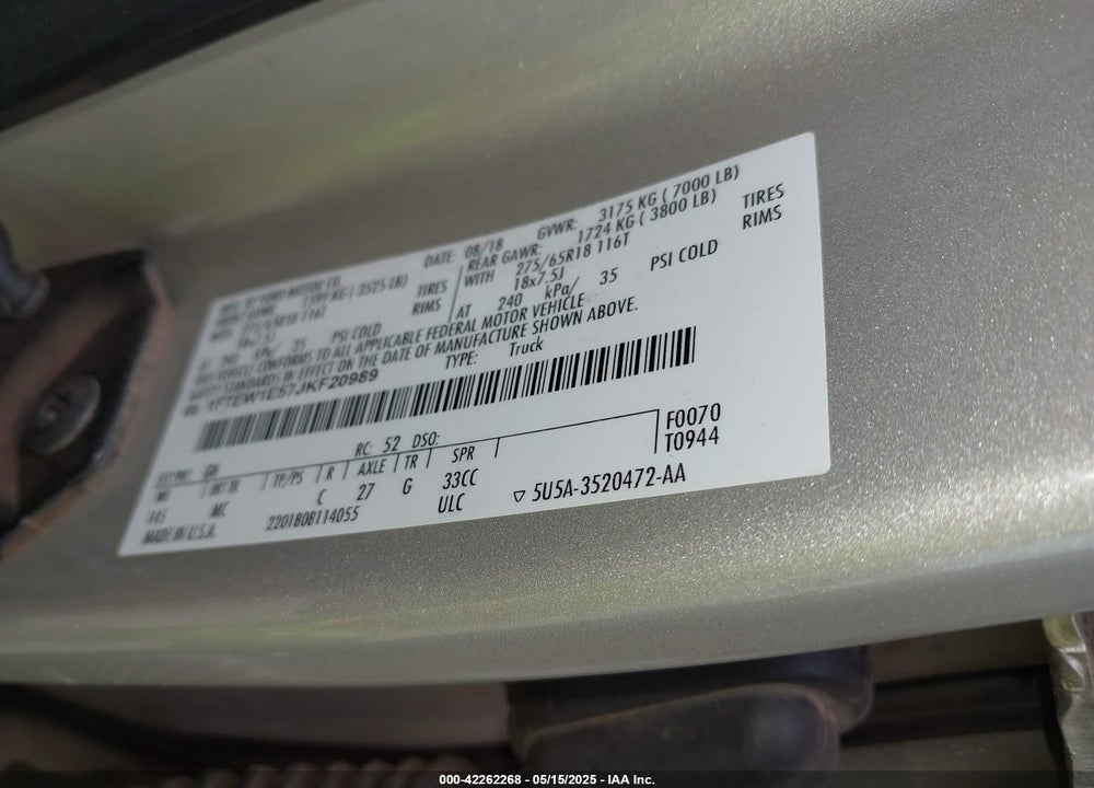 2018 FORD F-150 VIN: 1FTEW1E57JKF20989