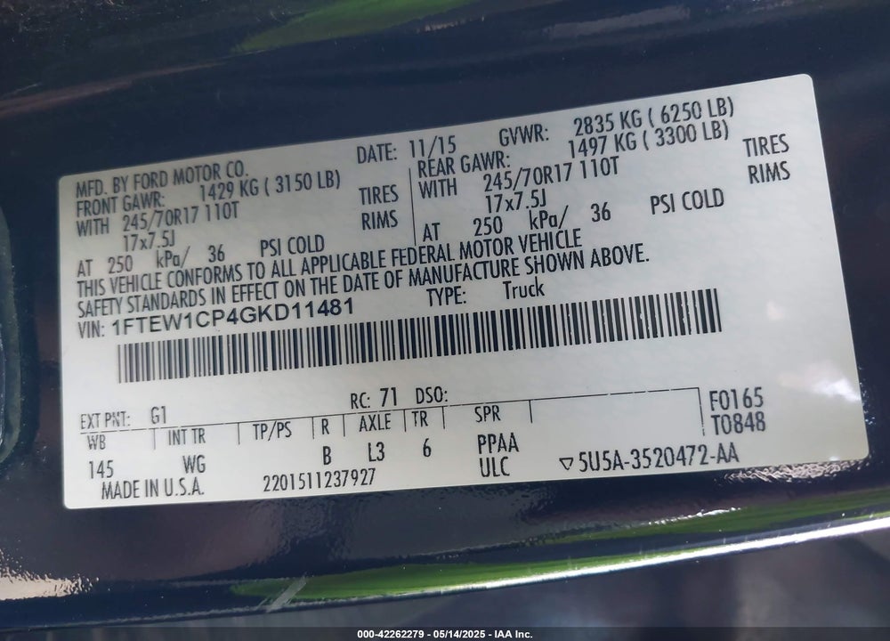 2016 FORD F-150 XL VIN: 1FTEW1CP4GKD11481