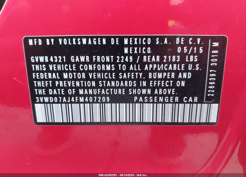 2015 VOLKSWAGEN JETTA 1.8T SE VIN: 3VWD07AJ4FM407209