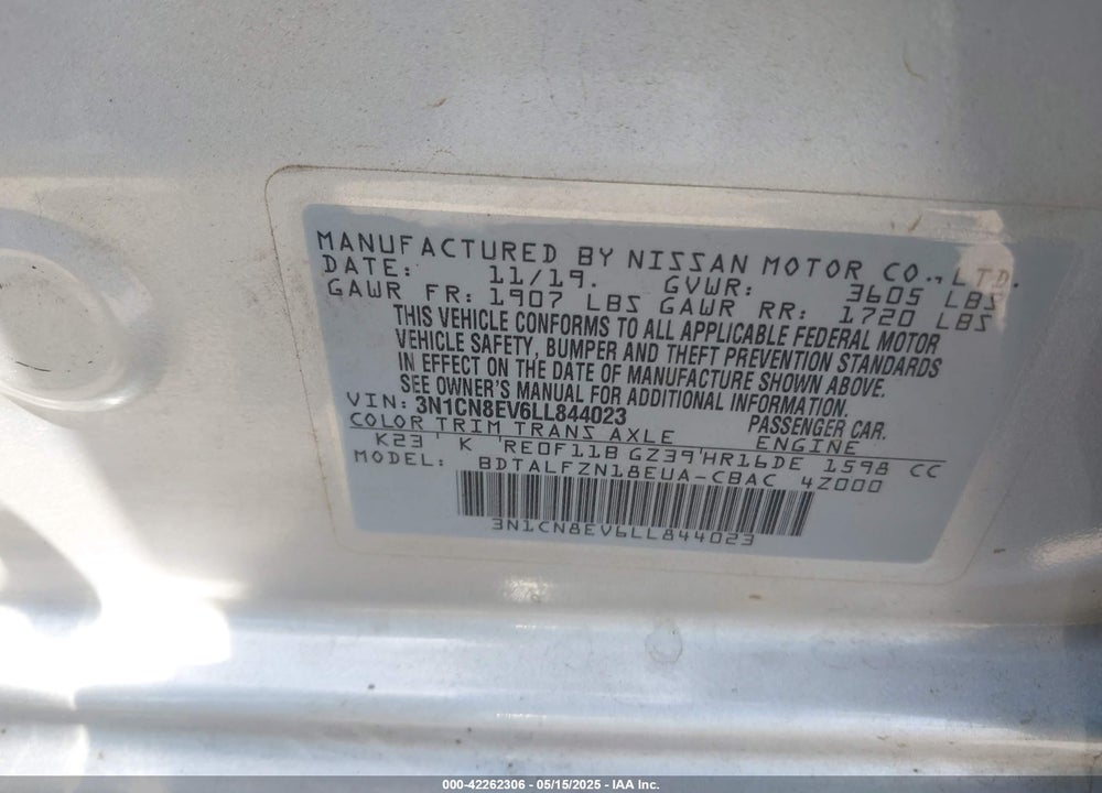 2020 NISSAN VERSA VIN: 3N1CN8EV6LL844023