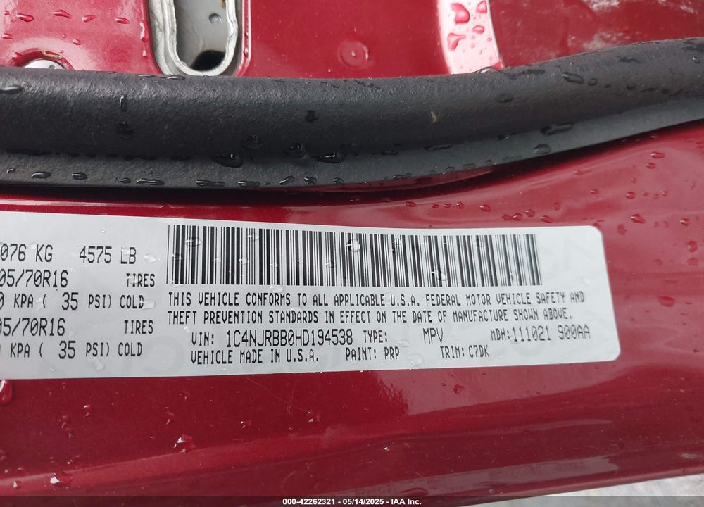 2017 JEEP PATRIOT VIN: 1C4NJRBB0HD194538