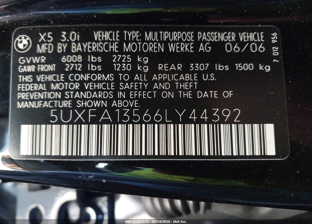 2006 BMW X5 3.0I VIN: 5UXFA13566LY44392