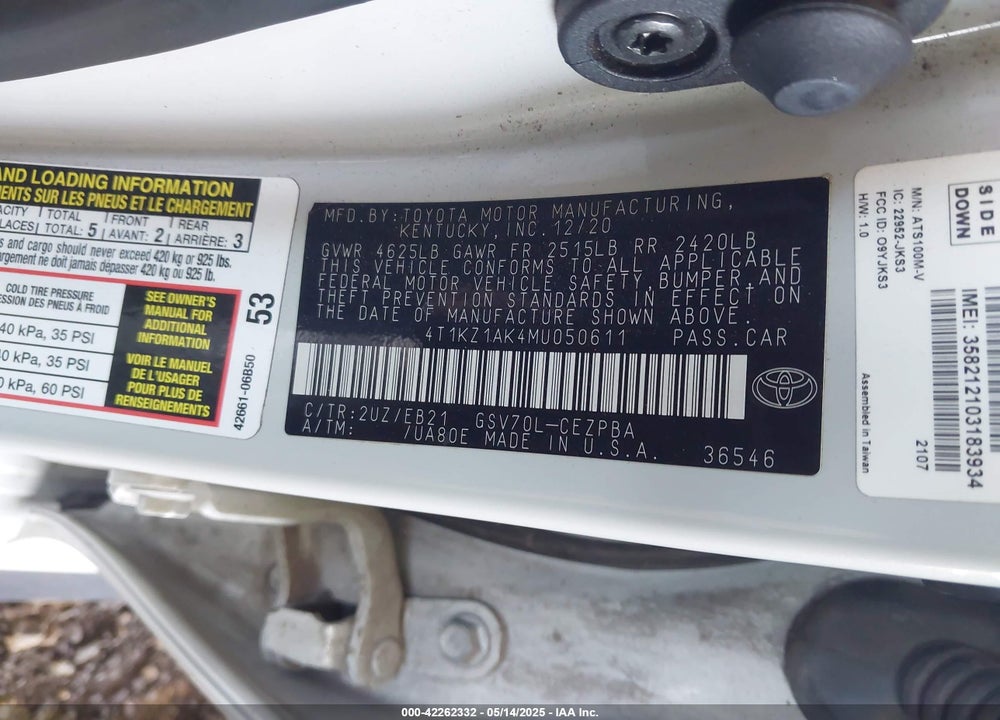 2021 TOYOTA CAMRY VIN: 4T1KZ1AK4MU050611