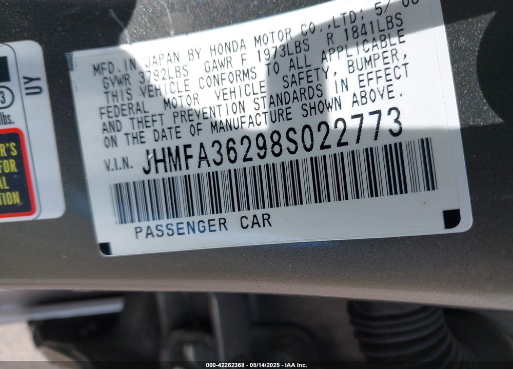 2008 HONDA CIVIC HYBRID VIN: JHMFA36298S022773