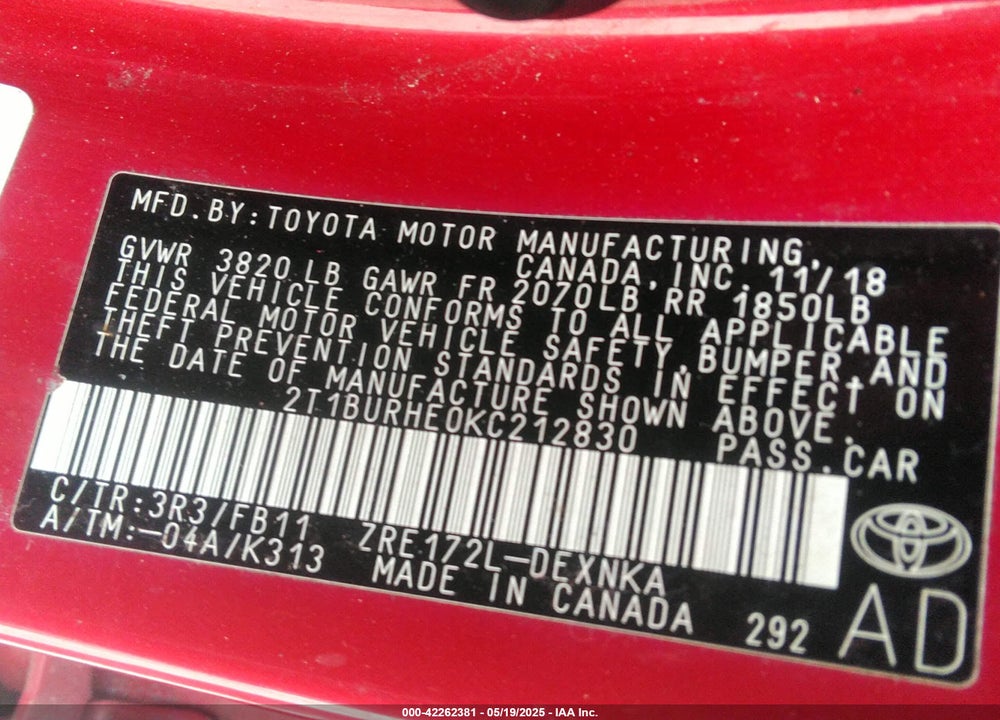 2019 TOYOTA COROLLA LE VIN: 2T1BURHE0KC212830