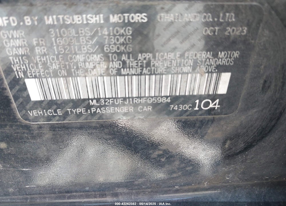 2024 MITSUBISHI MIRAGE G4 VIN: ML32FUFJ1RHF05984