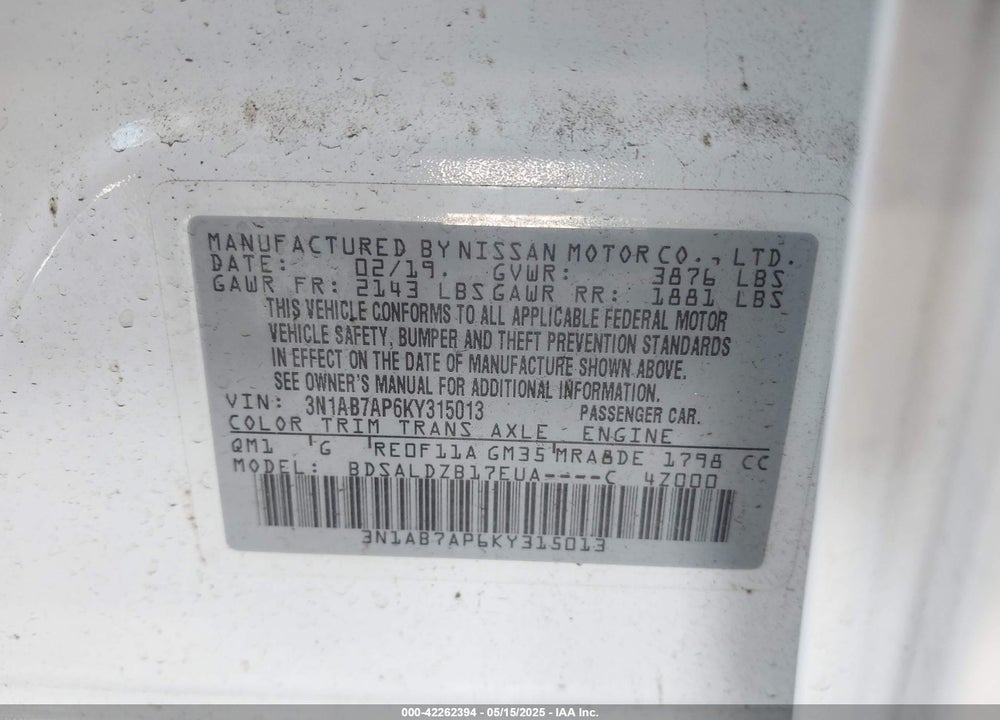 2019 NISSAN SENTRA VIN: 3N1AB7AP6KY315013
