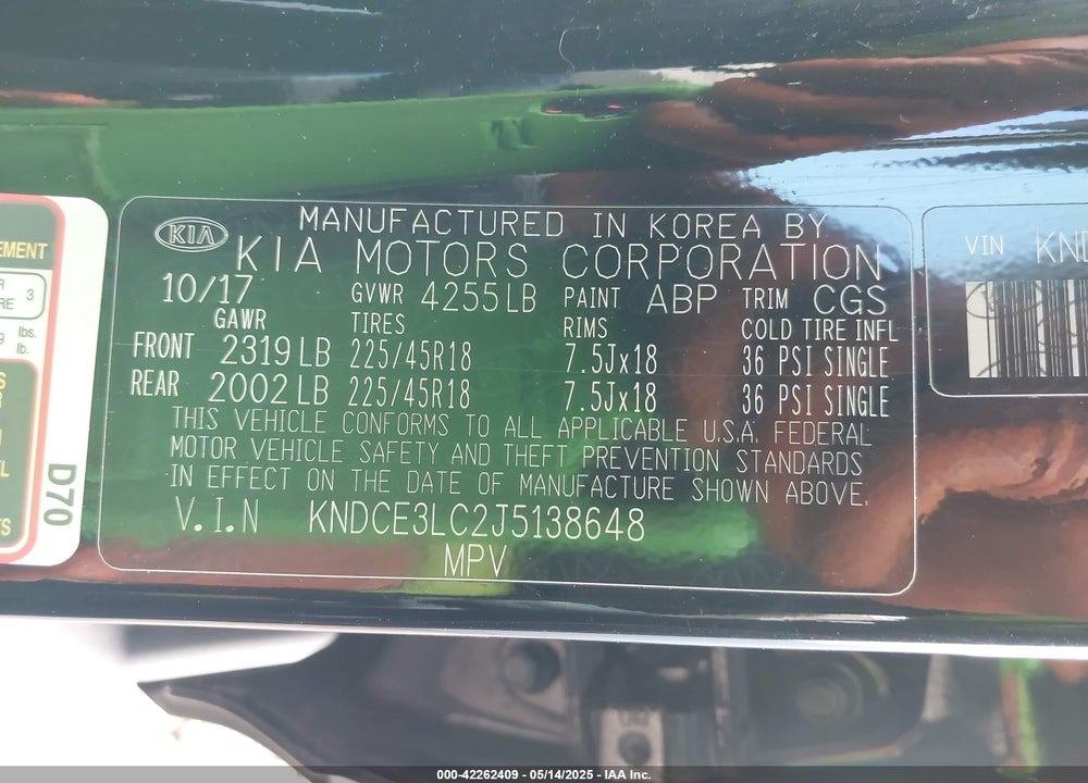 2018 KIA NIRO VIN: KNDCE3LC2J5138648