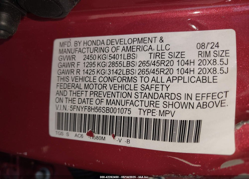 2025 HONDA PASSPORT AWD EX-L VIN: 5FNYF8H56SB001075