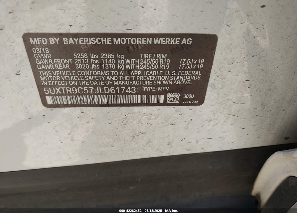 2018 BMW X3 VIN: 5UXTR9C57JLD61743