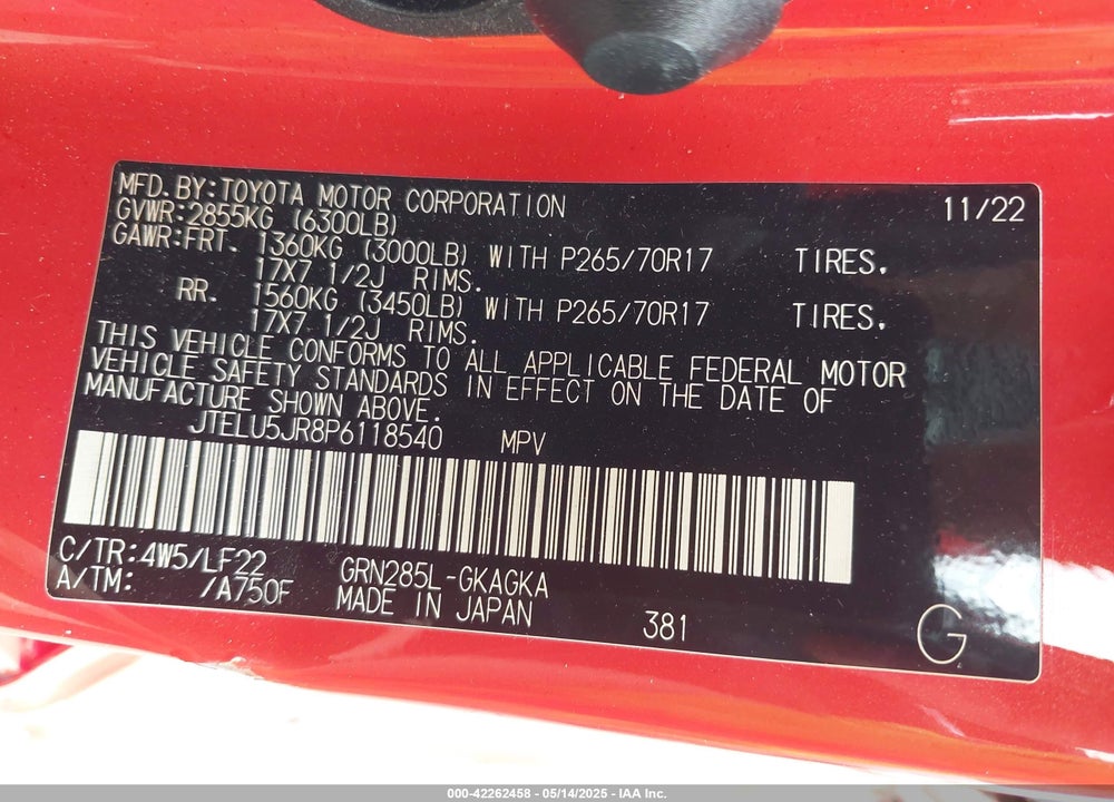 2023 TOYOTA 4RUNNER VIN: JTELU5JR8P6118540