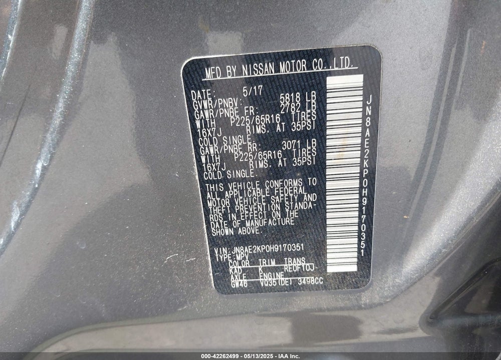 2017 NISSAN QUEST SV VIN: JN8AE2KP0H9170351