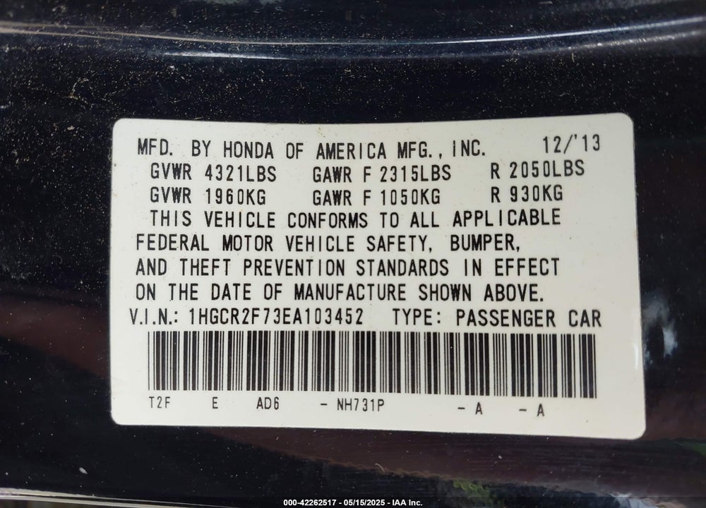 2014 HONDA ACCORD EX VIN: 1HGCR2F73EA103452