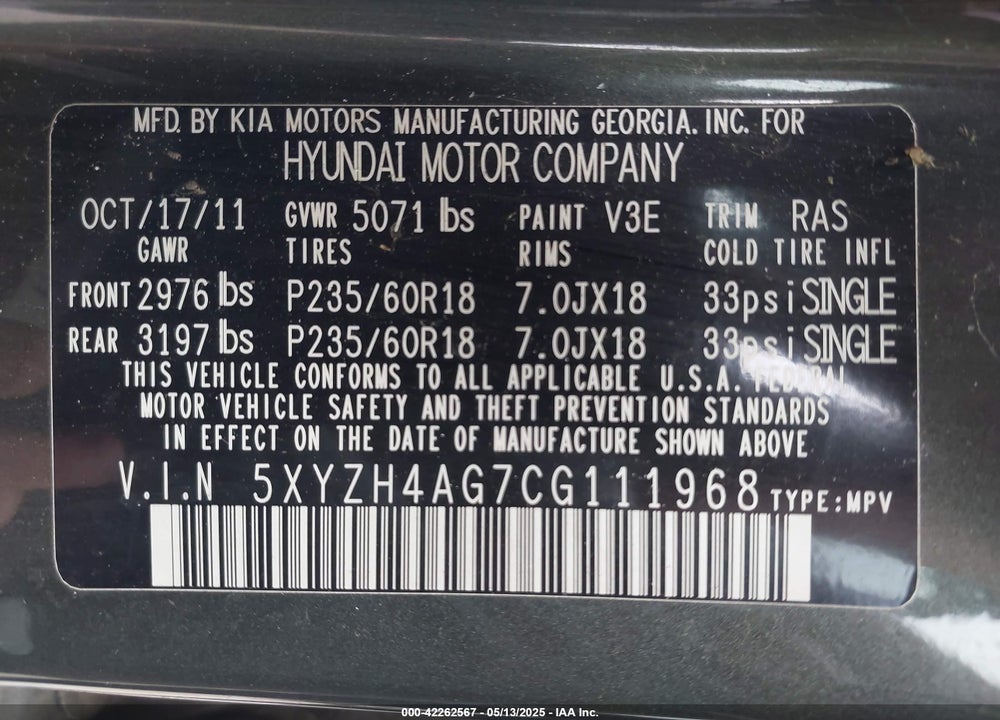 2012 HYUNDAI SANTA FE SE VIN: 5XYZH4AG7CG111968
