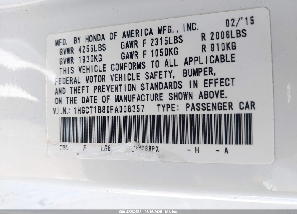 2015 HONDA ACCORD VIN: 1HGCT1B80FA008357