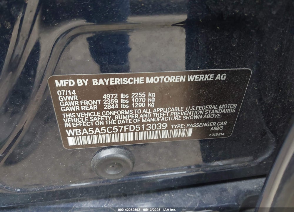 2015 BMW 528I VIN: WBA5A5C57FD513039