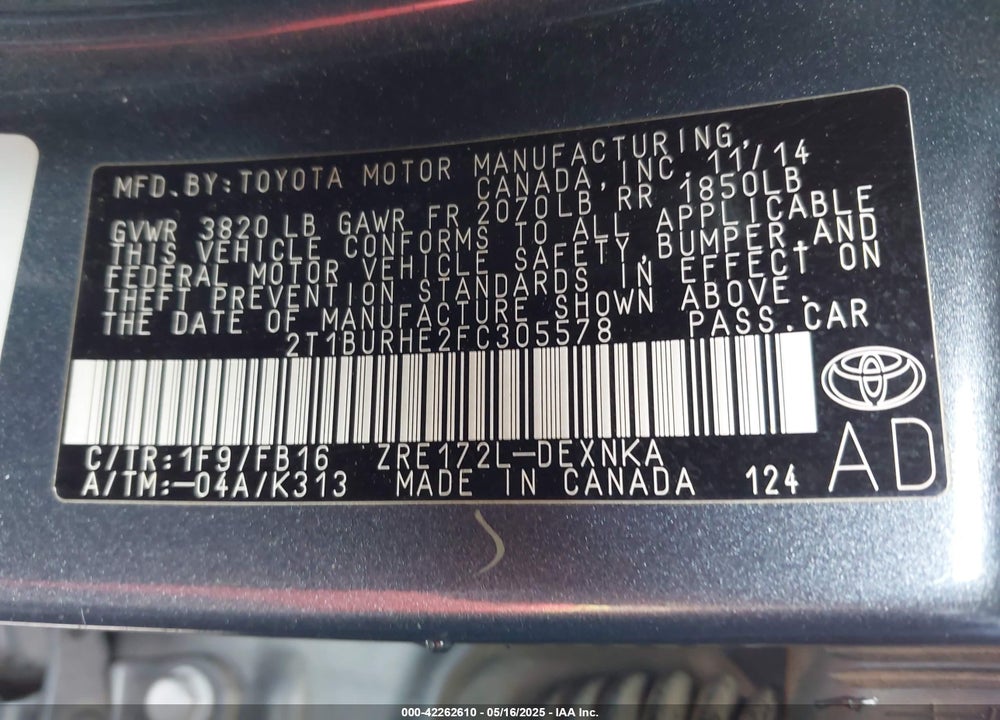 2015 TOYOTA COROLLA VIN: 2T1BURHE2FC305578
