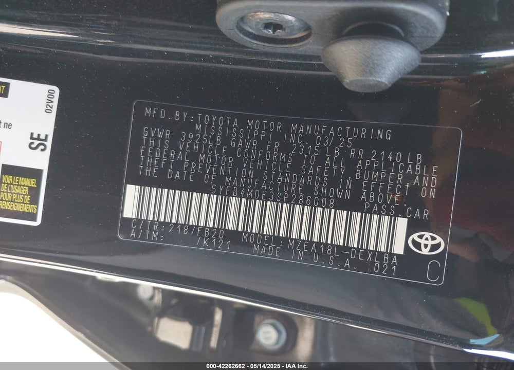 2025 TOYOTA COROLLA VIN: 5YFB4MDE3SP286008