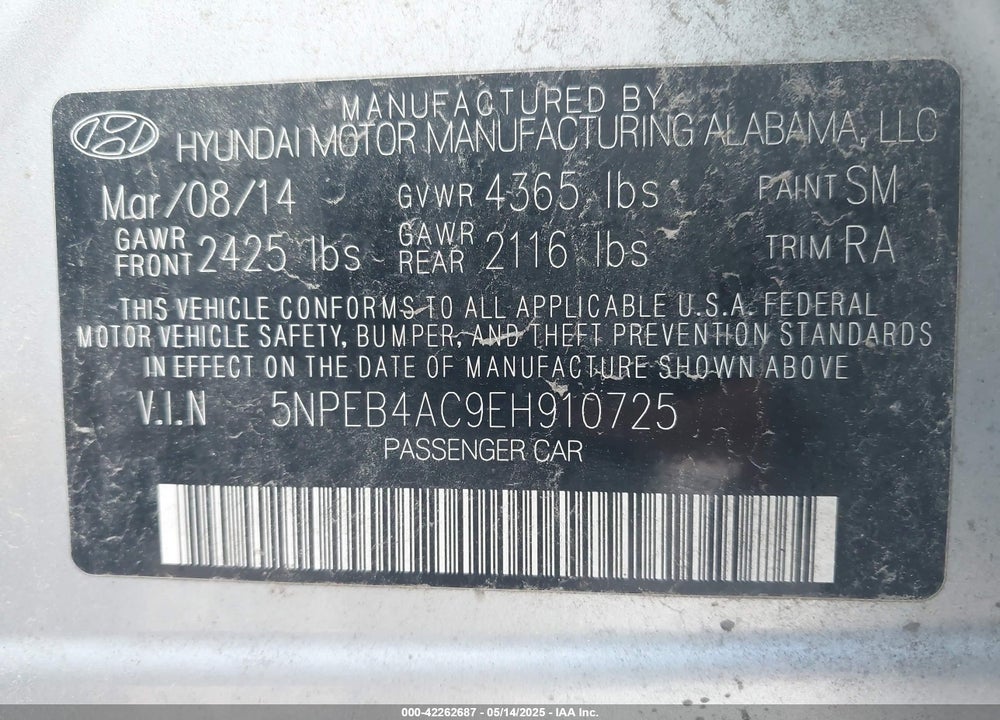 2014 HYUNDAI SONATA VIN: 5NPEB4AC9EH910725