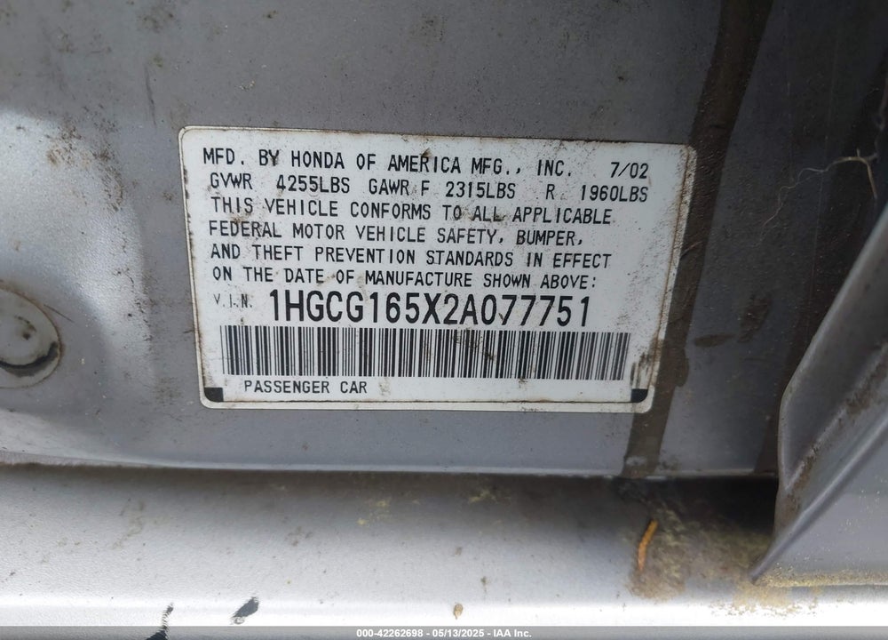 2002 HONDA ACCORD 3.0 EX VIN: 1HGCG165X2A077751