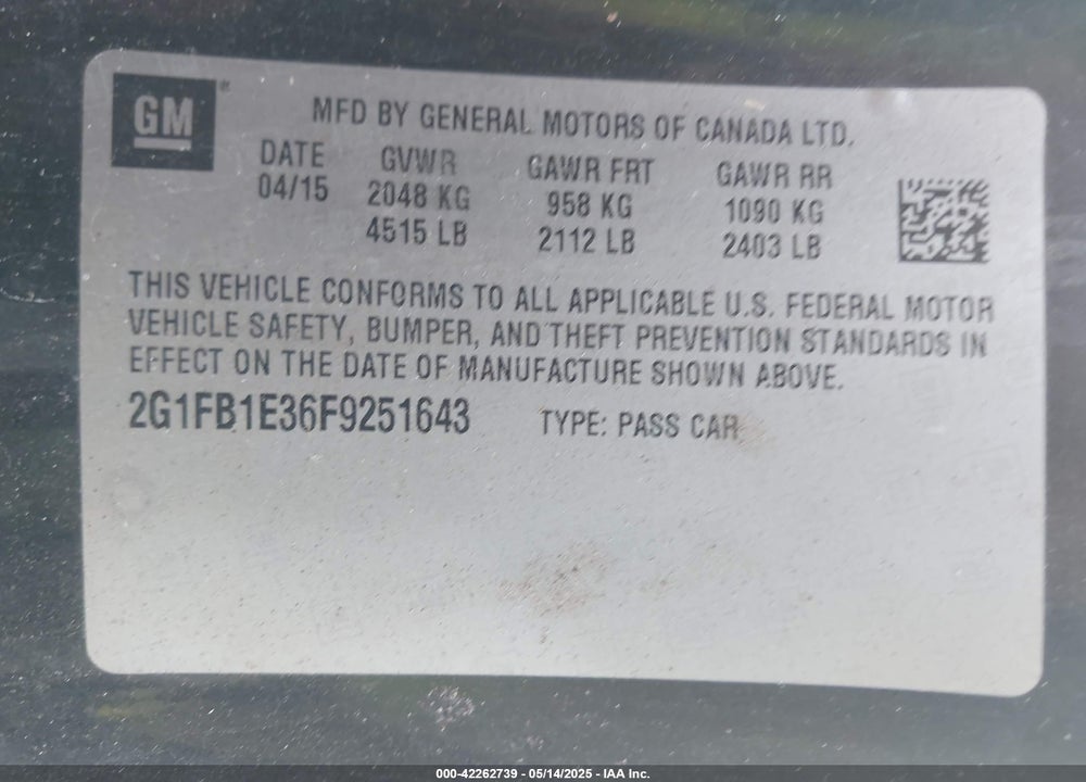 2015 CHEVROLET CAMARO 2LS VIN: 2G1FB1E36F9251643