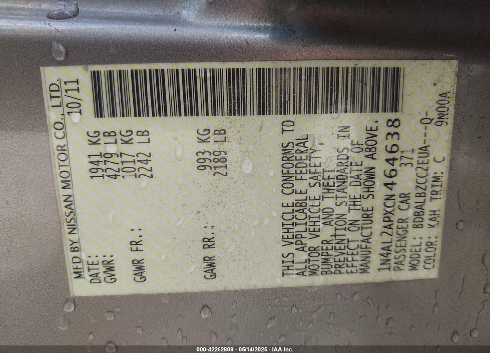 2012 NISSAN ALTIMA 2.5 S VIN: 1N4AL2APXCN464638
