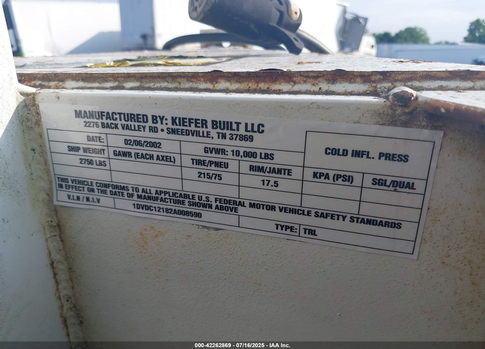2002 KIEFER BUILT INC --- VIN: 1DVDC12182A008590