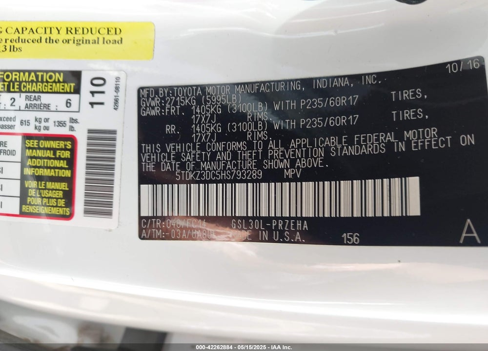 2017 TOYOTA SIENNA VIN: 5TDKZ3DC5HS793289