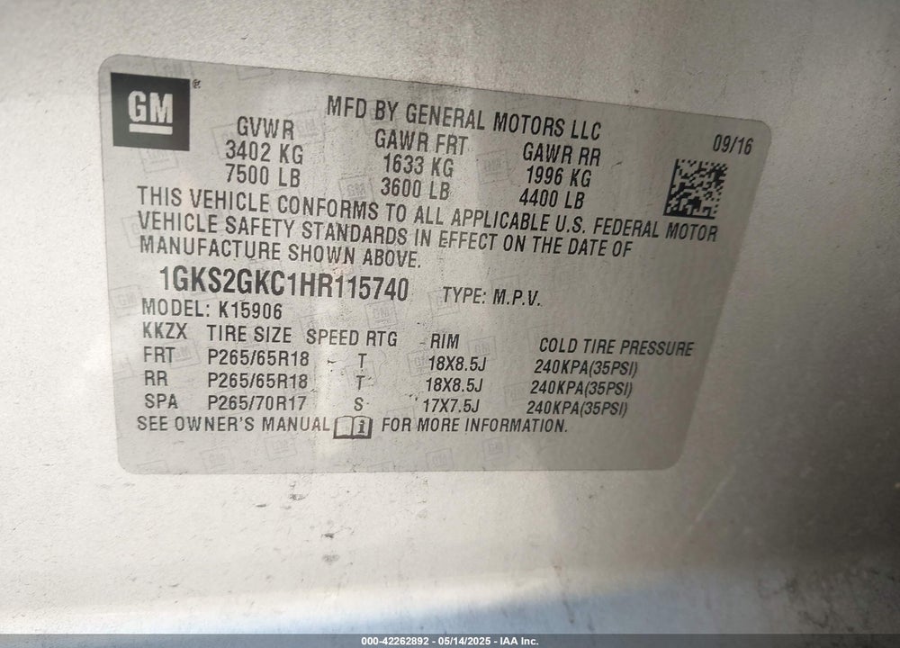 2017 GMC YUKON XL SLT VIN: 1GKS2GKC1HR115740