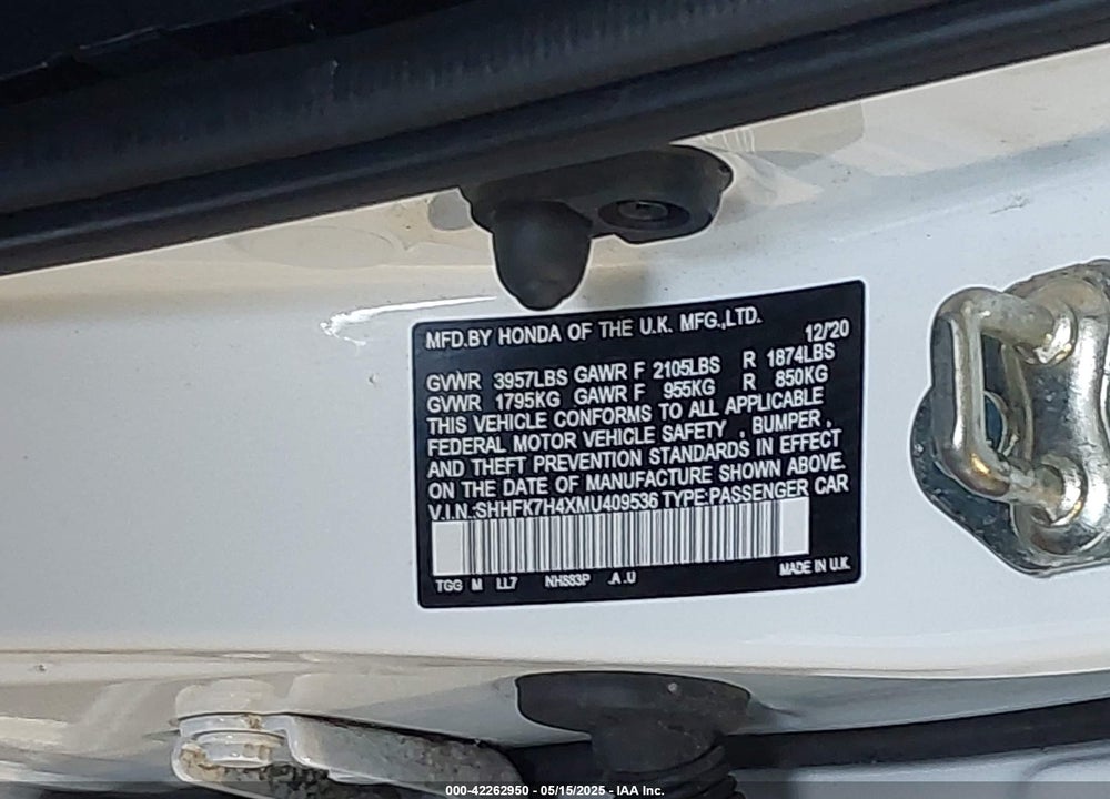 2021 HONDA CIVIC VIN: SHHFK7H4XMU409536
