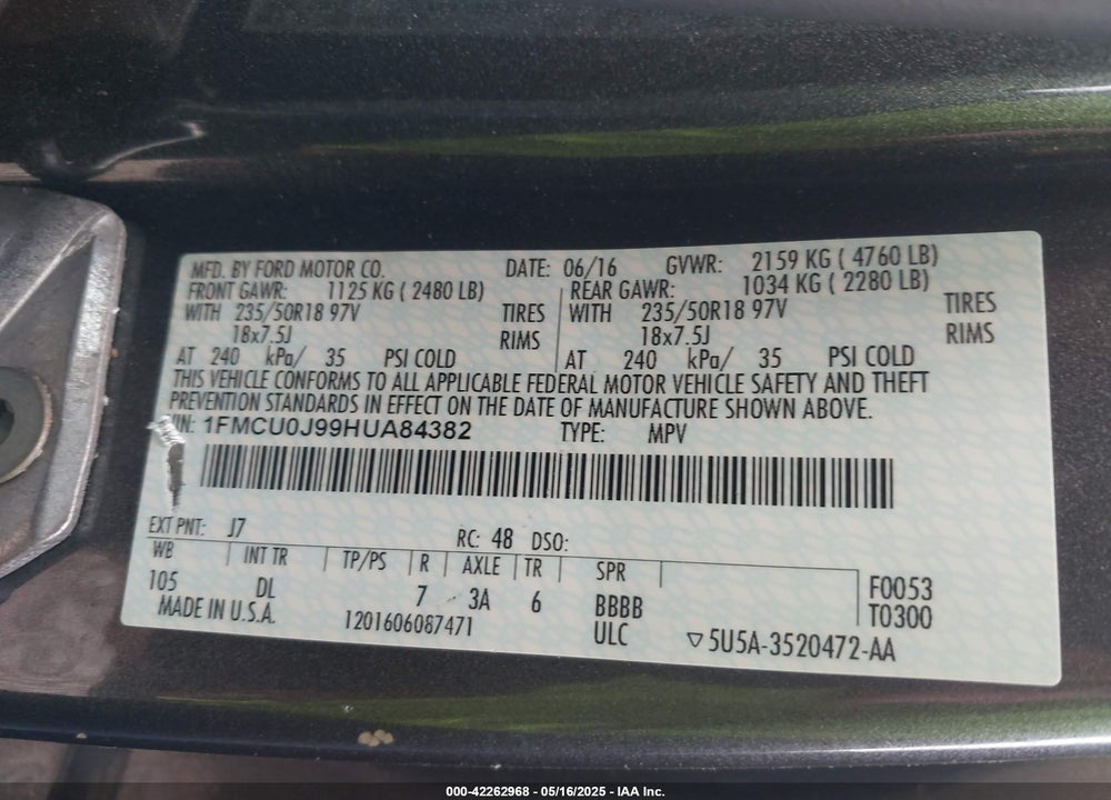 2017 FORD ESCAPE VIN: 1FMCU0J99HUA84382